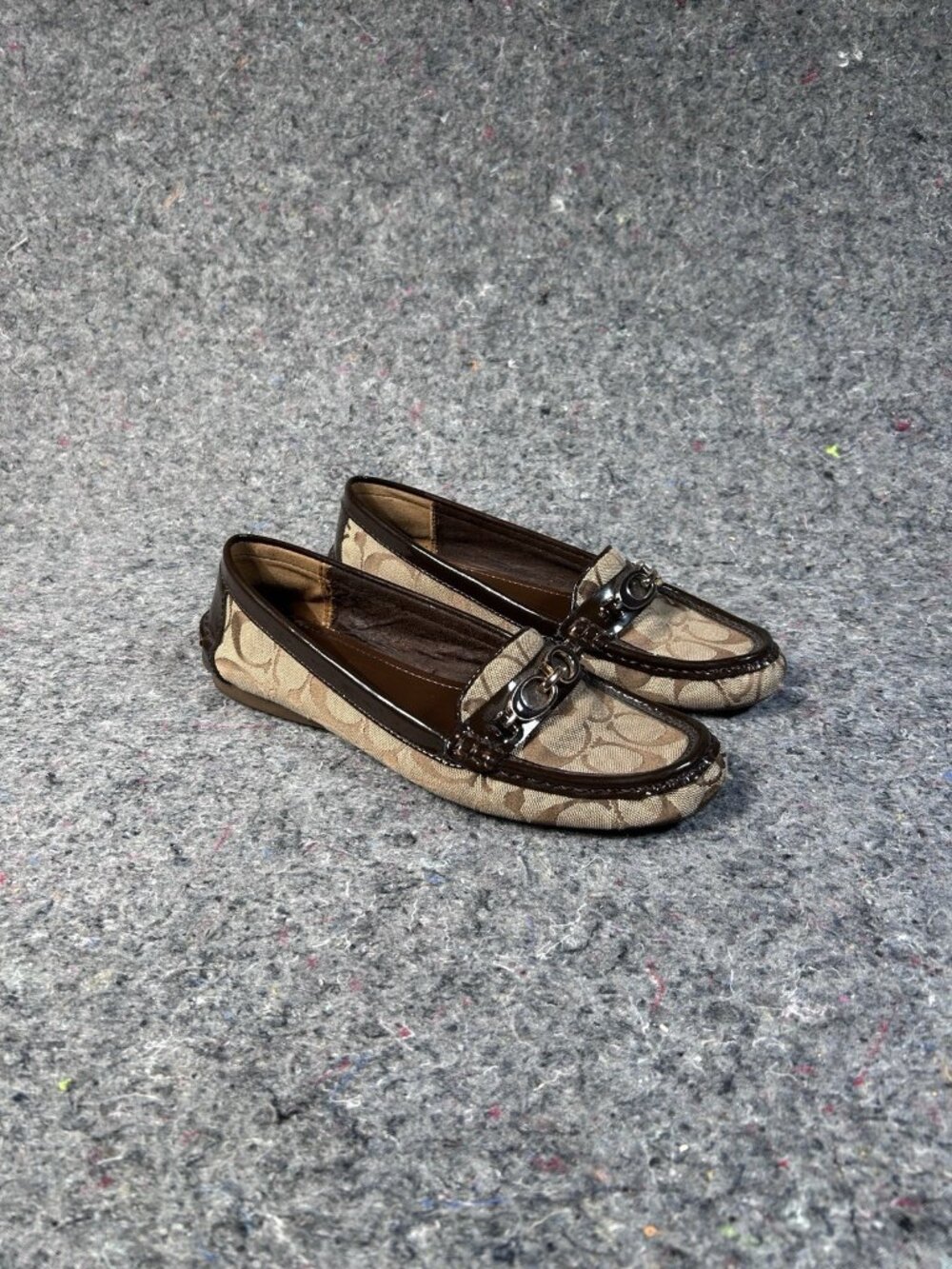 Coach Womens Signature C Canvas Loafers Brown Patent Leather Trim Horsebit US 9B